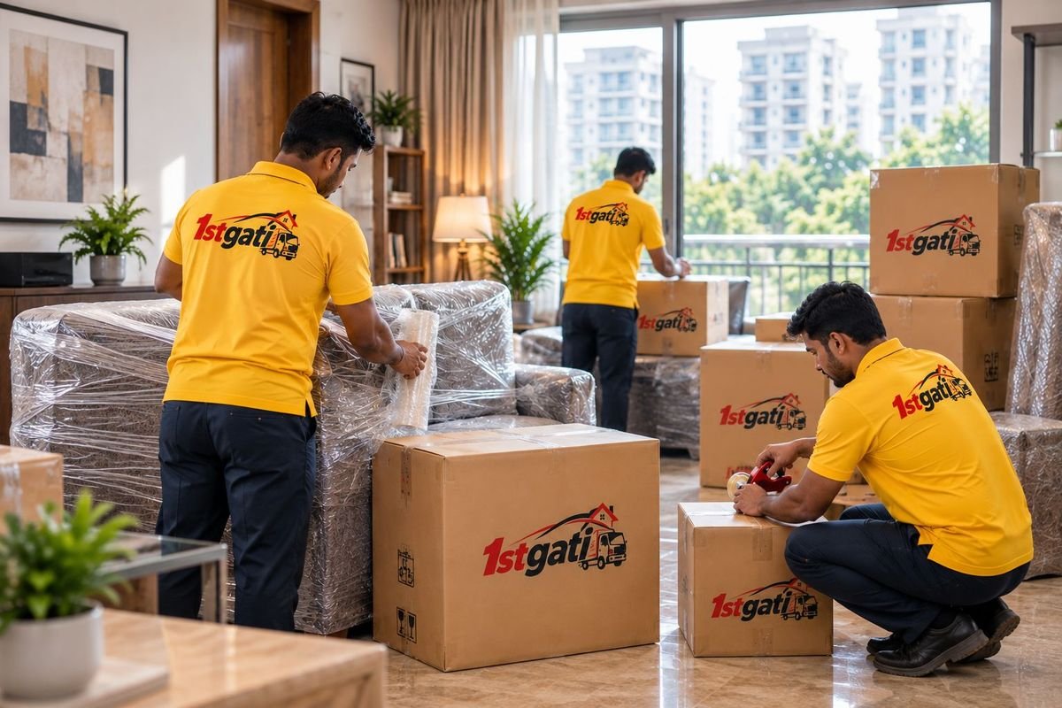 Professional team packing household items for home shifting